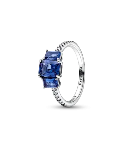 Blue Rectangular Three Stone Sparkling Ring