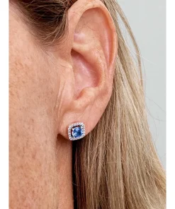 Alternative view of Sparkling Square Blue Halo Stud Earrings